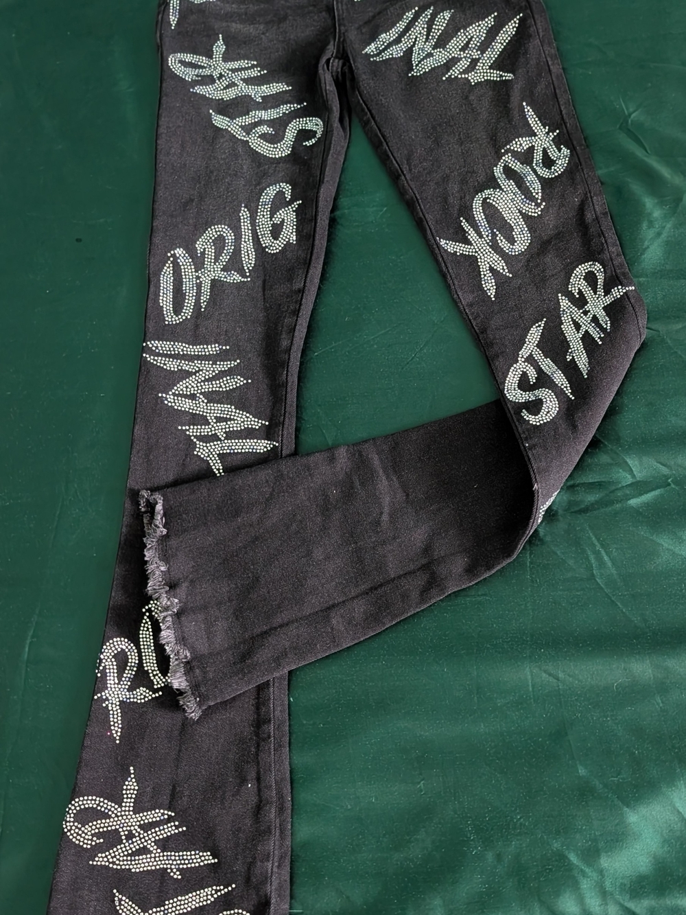 Black Skinny Jeans with Crystal Script Embellishment